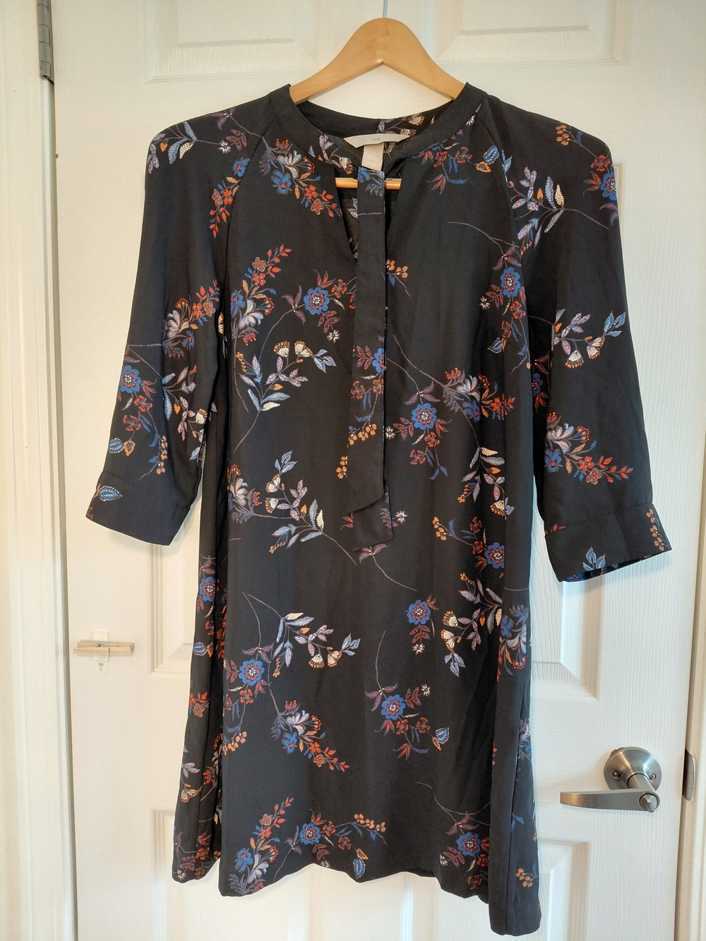 H&M Black Floral Tie-Neck Midi Dress with Blue & Rust Accents